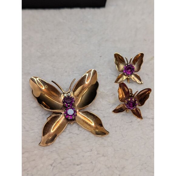 Vintage Gold-Tone Butterfly Brooch & Screwback Earrings W/ Pronged Rhinestones - Picture 5 of 5